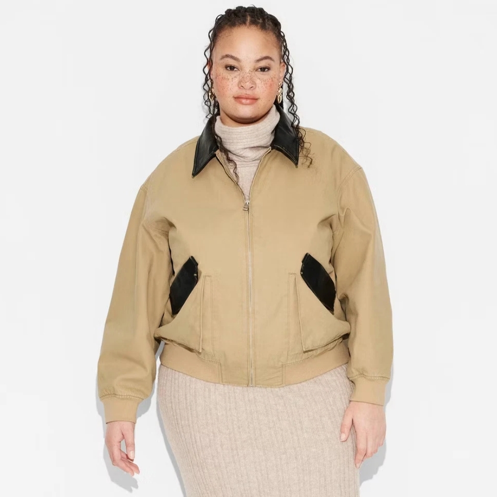 NWT Tan Canvas/ Faux Leather Bomber Jacket Size 2X